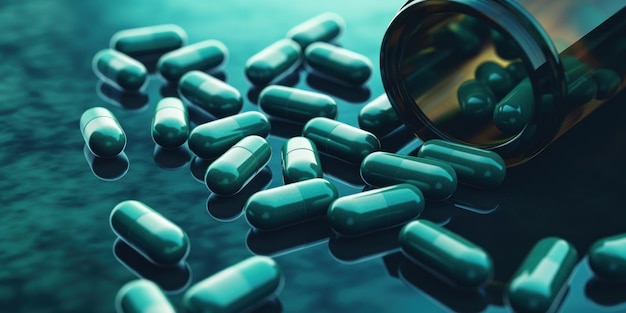 Píldoras médicas esparcidas y cápsulas en frasco Concepto de atención médica con tratamiento farmacéutico de copia de espacio