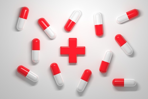 Píldoras médicas con gorras rojas y blancas y una gran cruz médica roja en el centro en blanco