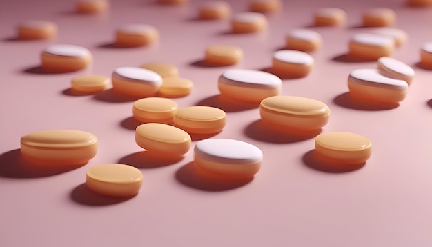Píldoras naranjas en un fondo rosado representación 3D ilustración 3D