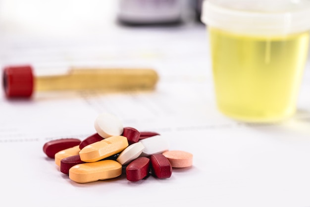 Píldoras y pastillas de diferentes tamaños con una botella de recolección de orina en el fondo remedios para controlar problemas urinarios