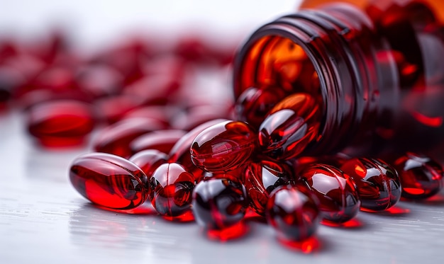 Foto píldoras rojas que se derraman de la botella multivitaminas rojas y gelatinas blandas de aceite de pescado que se derrumban de una botella abierta