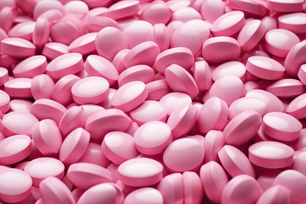 Píldoras rosas macro primer plano fondo impresión de gran tamaño de alta calidad Muchas píldoras de medicina rosa Generado por IA