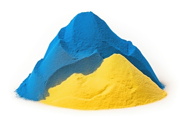 Pilha de areia cinética de cores azuis e amarelas isoladas em fundo branco