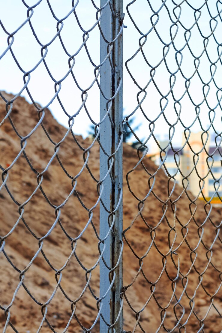 Pilha de areia no canteiro de obras atrás da cerca metálica