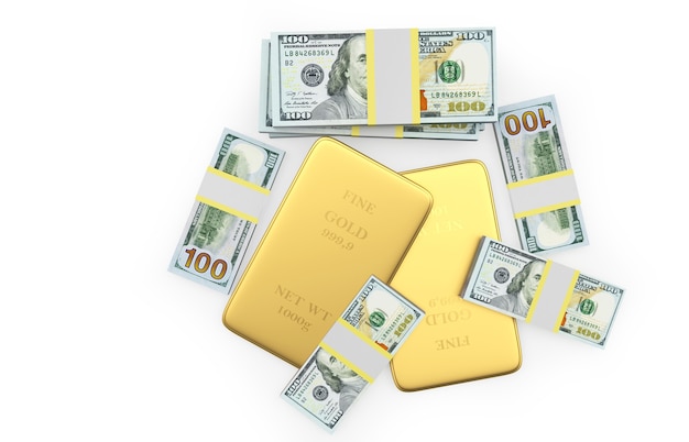 Pilha de barras de ouro com vista superior de notas de dólar em 3d
