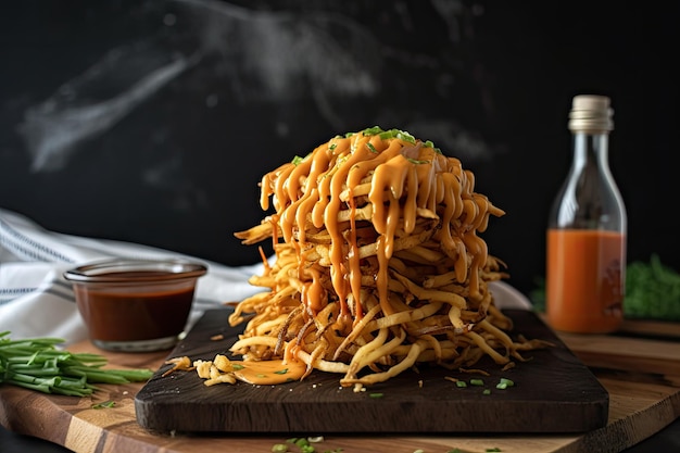 Pilha de batatas fritas regadas com molho picante de búfalo criado com IA generativa