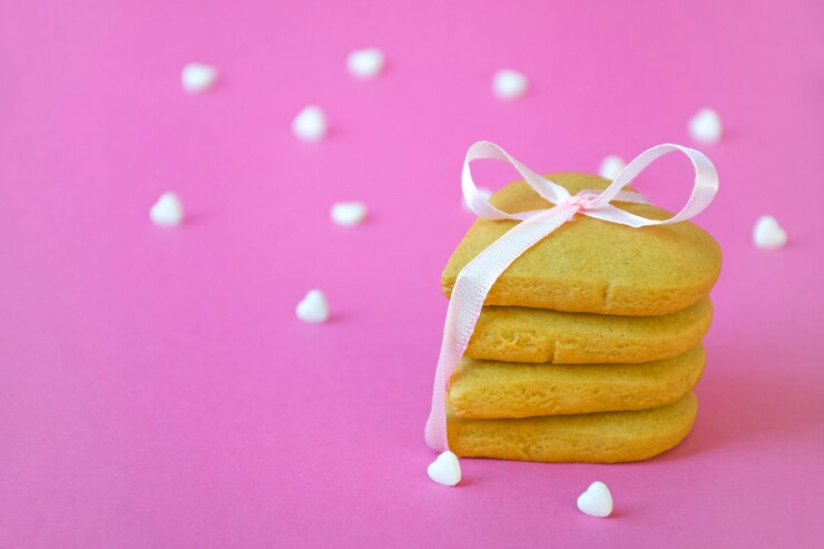 Foto pilha de biscoitos amanteigados amarrados com fita rosa