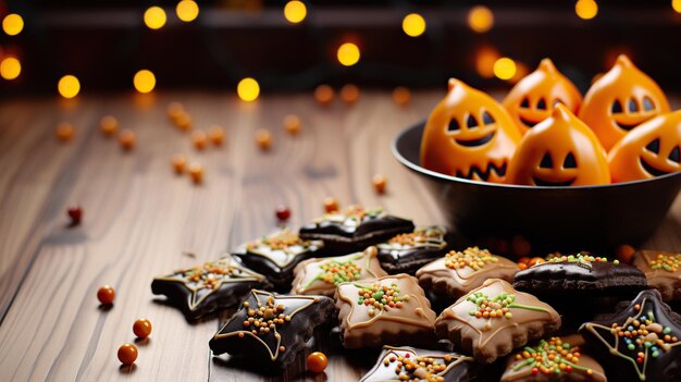 Foto pilha de biscoitos de abóbora na celebração de halloween