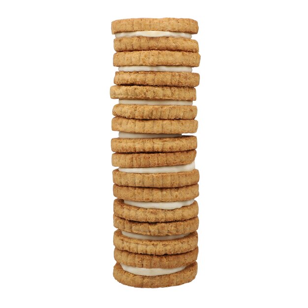 Foto pilha de biscoitos sanduíche redondos cheios de creme de chocolate isolado caminho de corte de fundo branco