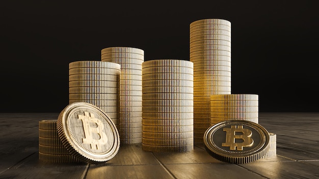 Pilha de bitcoins dourados no fundo de madeira 3D renderização BTC Currency Technology