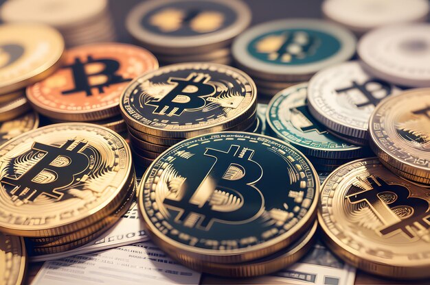 pilha de bitcoins em uma mesa de madeira com fundo de moedas