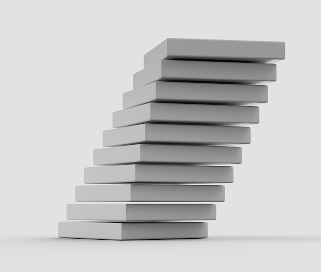 Pilha de blocos retangulares brancos ligeiramente deslocados para criar um efeito de torre inclinada Ilustração 3D