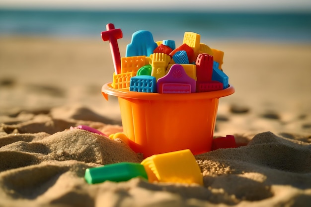 Foto pilha de brinquedos de praia coloridos balde pá castelo de areia e moldes gerados por ai