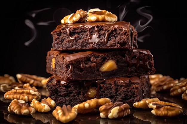 Pilha de brownies úmidos com nozes