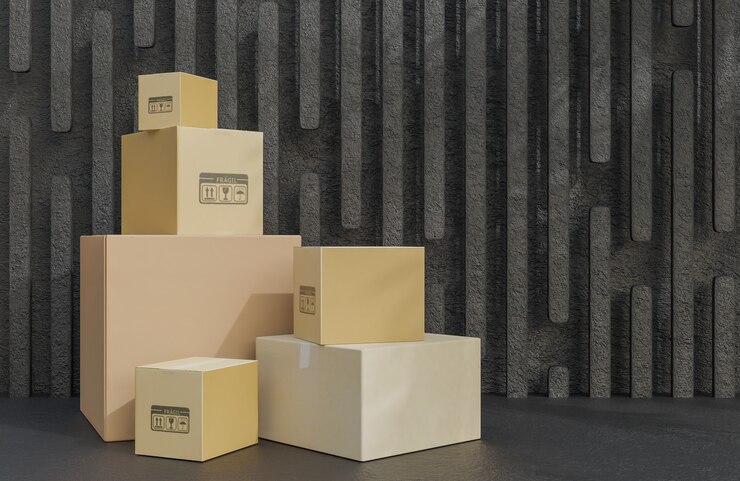 Pilha de caixas de papelão para a entrega de mercadorias, encomendas em fundo de pedra preta., Modelo 3D e ilustração.