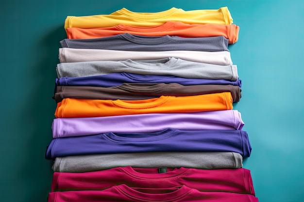 Pilha de camisetas coloridas com um fundo limpo