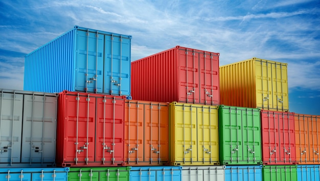 Pilha de carga de caixas de contêineres coloridas para importação e exportação