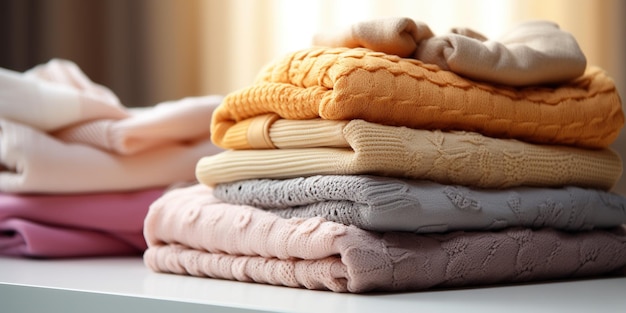 pilha de cobertores de bebê e cobertores dobrados perto em um fundo claro