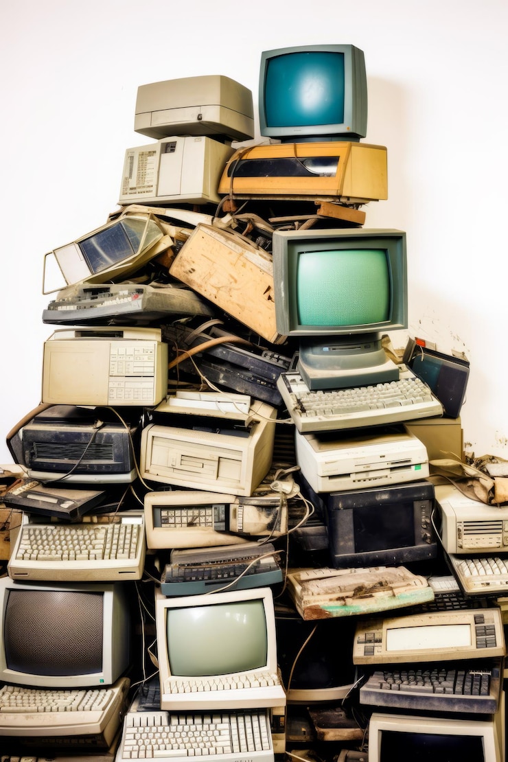 Foto pilha de computadores e televisores antigos empilhados uns sobre os outros generative ai