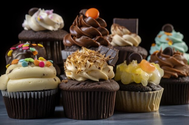 Pilha de cupcakes gourmet, cada um com sabor e cobertura diferentes, criados com IA generativa