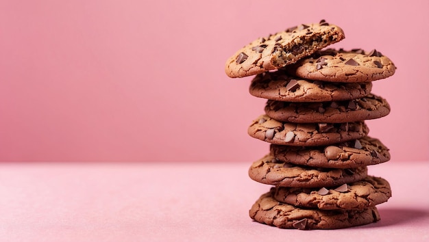 pilha de deliciosos biscoitos de chocolate fresco em um fundo rosa