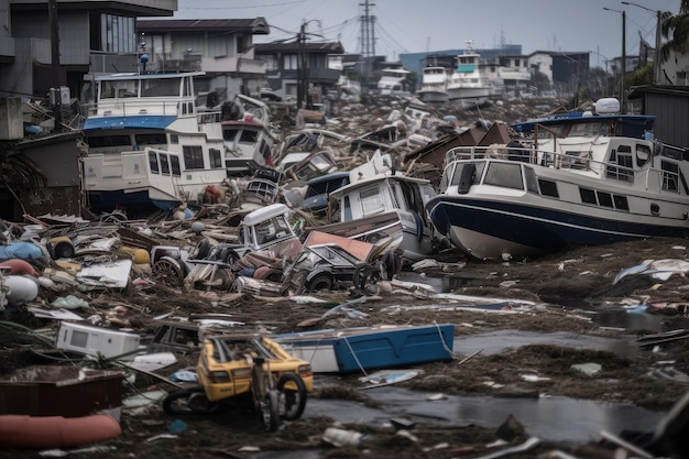 Pilha de destroços deixados após um tsunami atingir a costa, incluindo veículos flutuantes e barcos quebrados