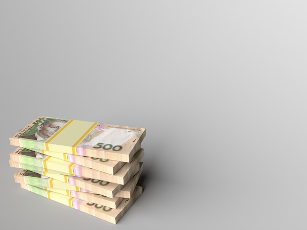 Pilha de dinheiro ucraniano hryvnia com fundo cinza em branco