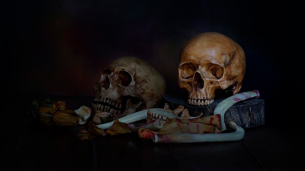 pilha de dois crânio humano e esqueleto com flor de rosa seca em fundo de madeira velha conceito em morreu por causa do amor