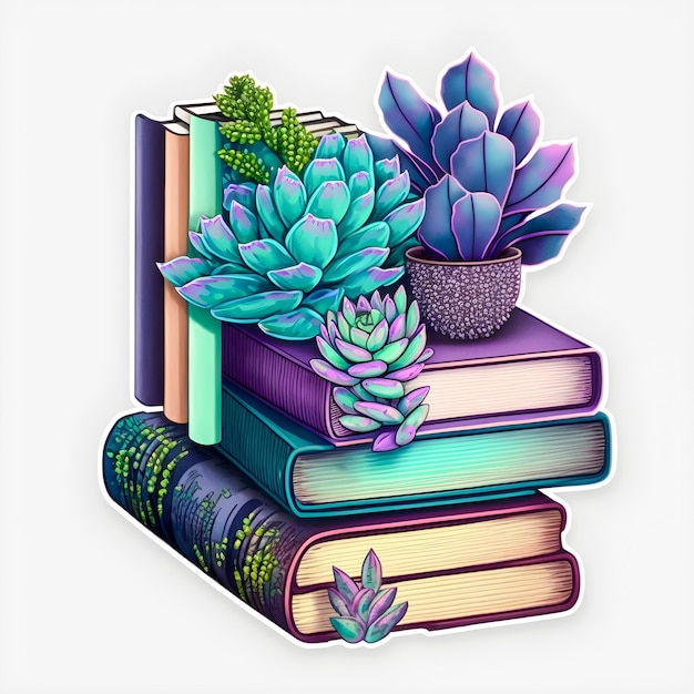 Foto pilha de estante de livros design de adesivo de plantas de casa