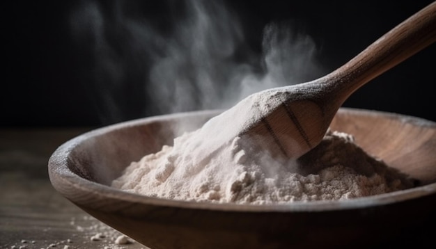 Pilha de farinha orgânica em mesa de madeira perfeita para uma alimentação saudável gerada por IA