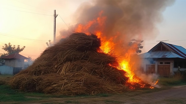 Pilha de feno em chamas na aldeia