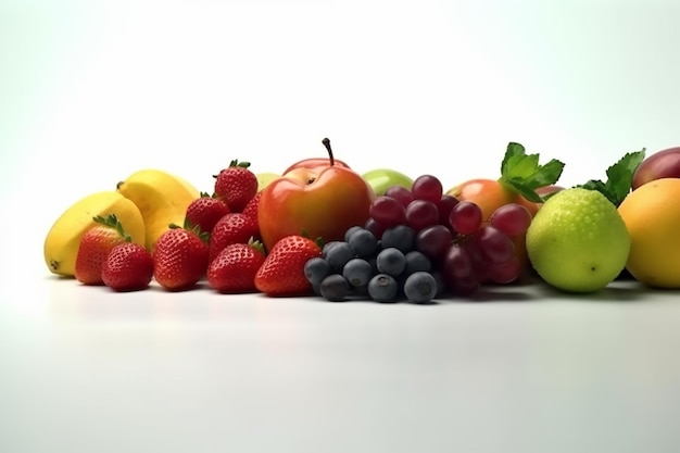 Pilha de frutas com uma das frutas rotuladas como frutas