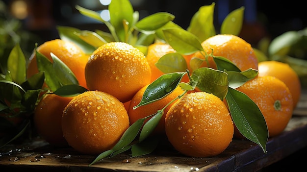 pilha de frutas de mandarina na mesa com ornamentação de folhas