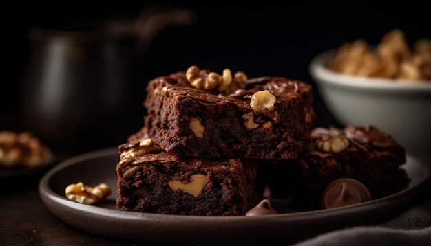 Foto pilha de fudge de brownies caseiros e biscoitos gerados por inteligência artificial