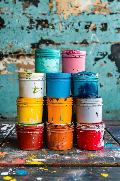 Foto pilha de latas de tinta em uma mesa de madeira