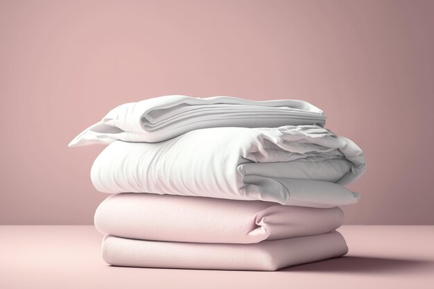 Pilha de lençóis de algodão branco sobre fundo rosa para publicidade comercial e maquete