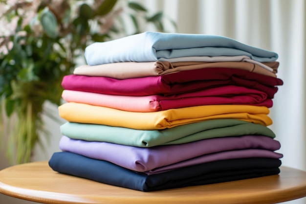 Pilha de lençóis de jersey coloridos em uma bancada de porcelana