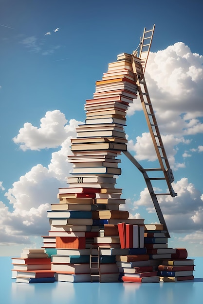 Pilha de livro abstrata com escada no céu com fundo de nuvens
