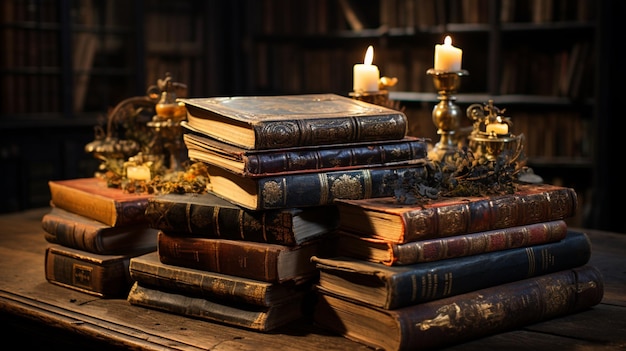 Pilha de livros antigos sobre mesa de madeira em uma sala de biblioteca