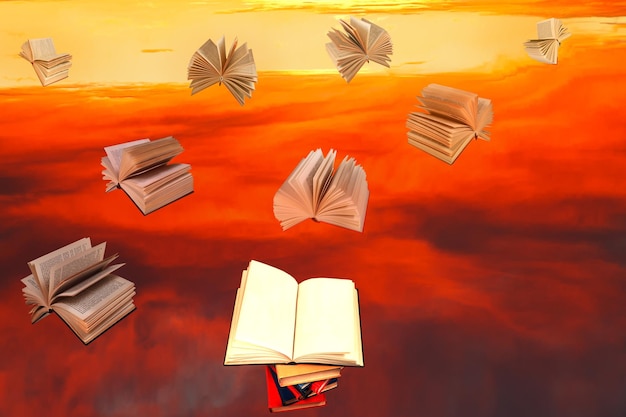 Pilha de livros e fundo vermelho do céu por do sol