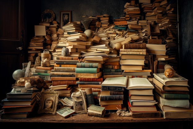 Pilha de livros em cima da mesa ao lado de uma pilha de fotos Generative AI