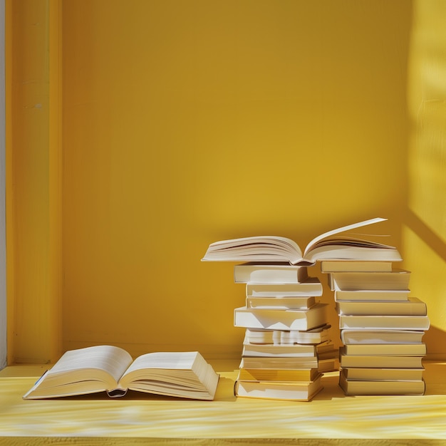 pilha de livros em fundo amarelo conceito de educação