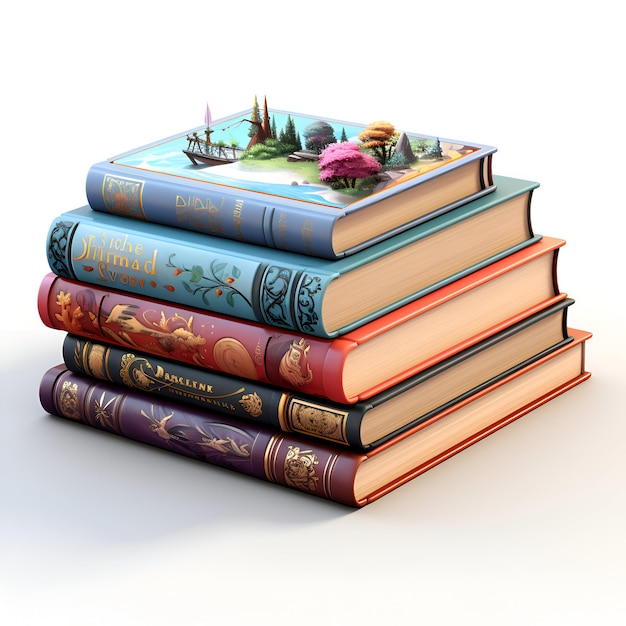 Pilha de livros em um fundo branco ilustração 3D estilo vintage