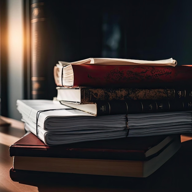 Pilha de livros sobre a mesa no conceito de educação de biblioteca