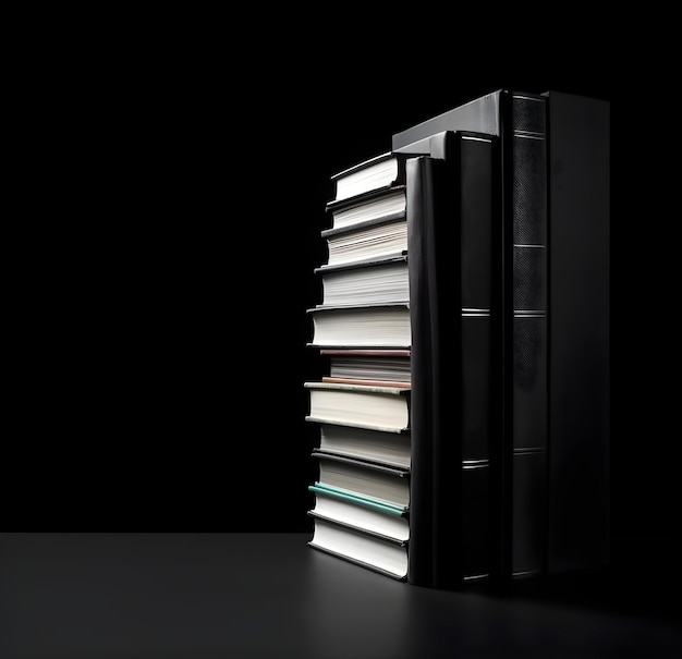 Pilha de livros sobre fundo preto De volta à escola e ao conceito de educação IA generativa
