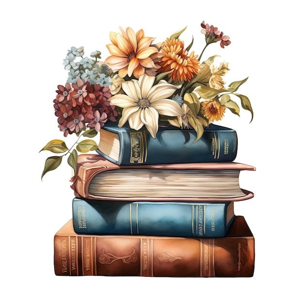 Pilha de livros vintage com ilustração de flores AI Generative