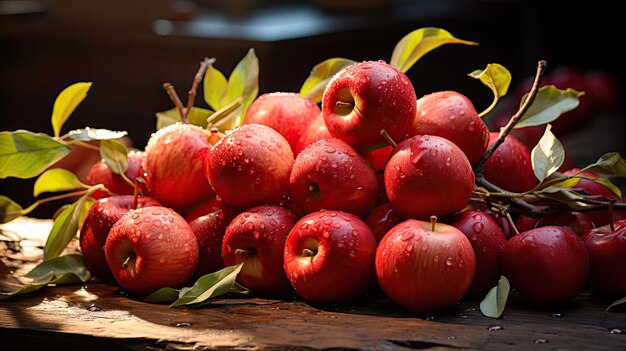 pilha de maçãs na mesa com ornamentos de folhas