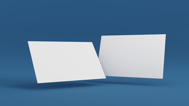 Pilha de maquete de cartão de visita branco em branco sobre fundo azul promove a renderização em 3D da marca da empresa