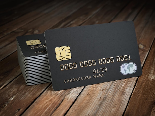 Foto pilha de maquete de cartões de crédito em branco preto no fundo da mesa de madeira