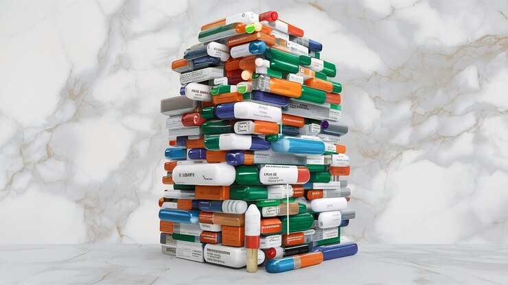 Foto pilha de medicamentos em fundo de mármore